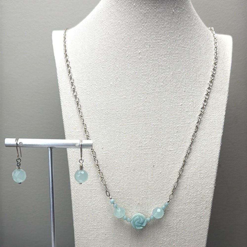 Rose Necklace Earring Set Silver Blue
